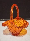 Vintage Fenton Ruffled Glass Basket Orange 8" Hobnail Handled