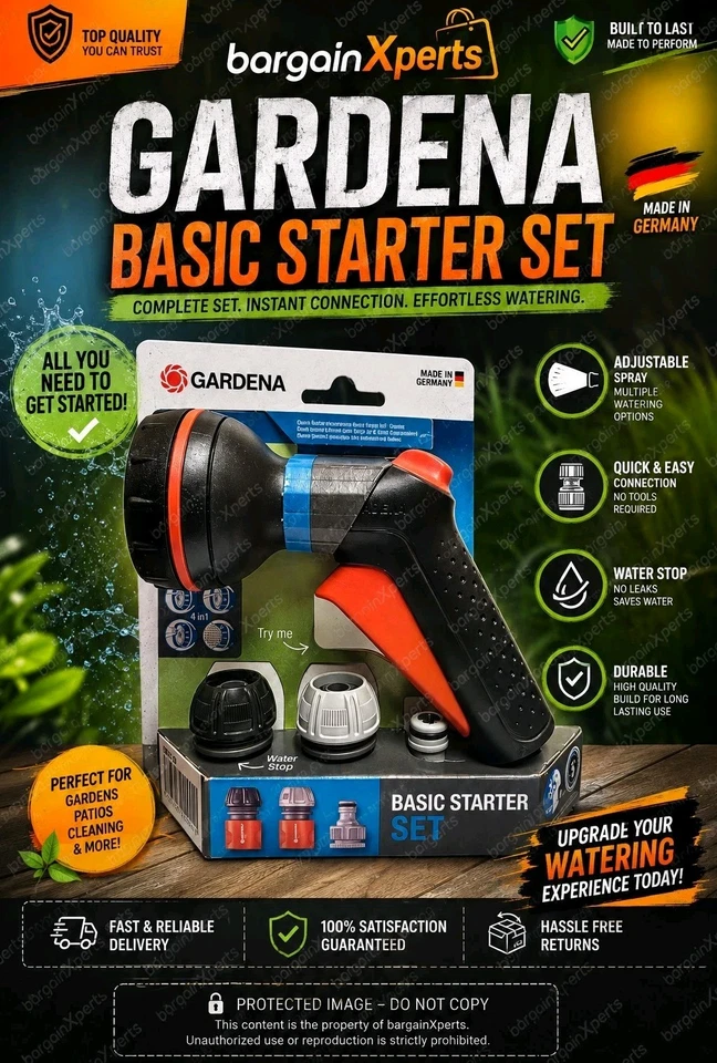 GARDENA Hose Gun + Fittings Multifunctional 4 In 1 Basic Starter Set 18373-28 ✅️ - Image 1 of 1