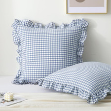 2PACK Dusty Blue White Plaid Gingham Euro Pillow Shams, 100 Washed Cotton Check