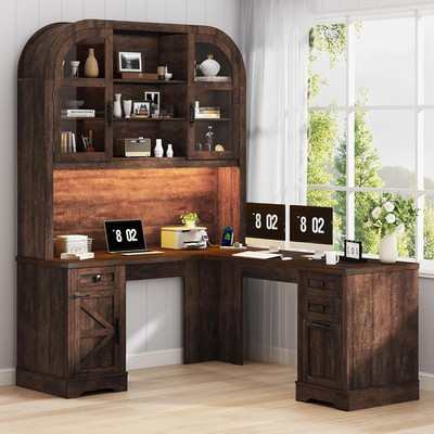 Farmhouse L Shaped Desk with Hutch, 83 Inch Height Corner Computer Desks with Dr