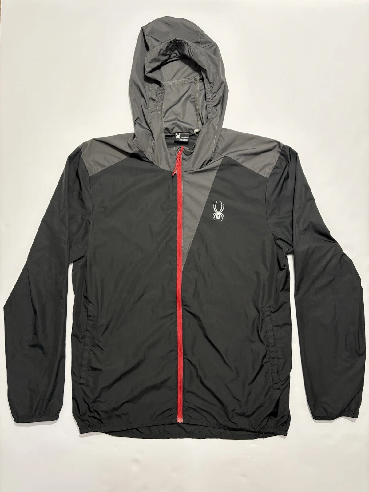 Spyder Hooded Windbreaker Jacket Mens M Gray Red Lightweight Full Zip