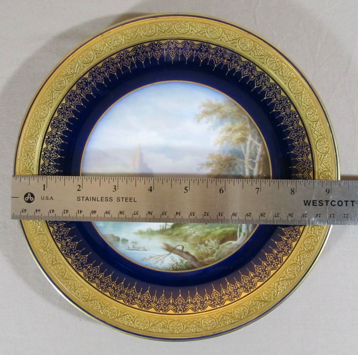 Antique Hand Painted Cobalt Blue Gold Encrusted Cabinet Plate Signed L. Saquet