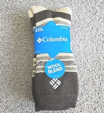 Columbia 2 Pk Brown Striped Wool Blend Comfort Crew  Socks Men's Sz  6-12 NWT