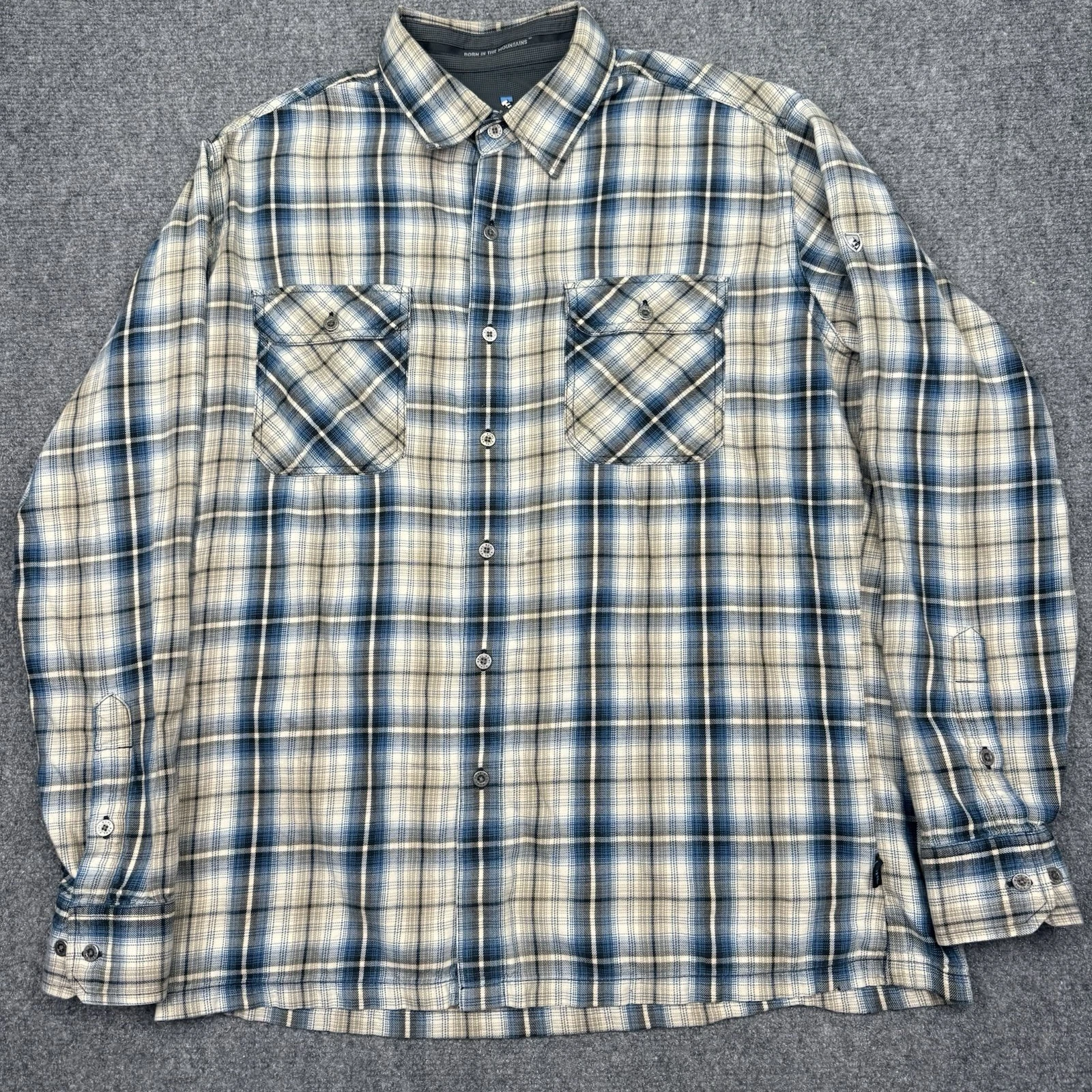 Kuhl Flannel Shirt Mens L Blue Beige Plaid Hiking Outdoor Gorpcore Long Sleeve