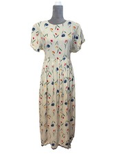 NWT Vintage 90s Rayon Dress Floral Fairy Midi Tie Waist Modest Sz 10 Cottage