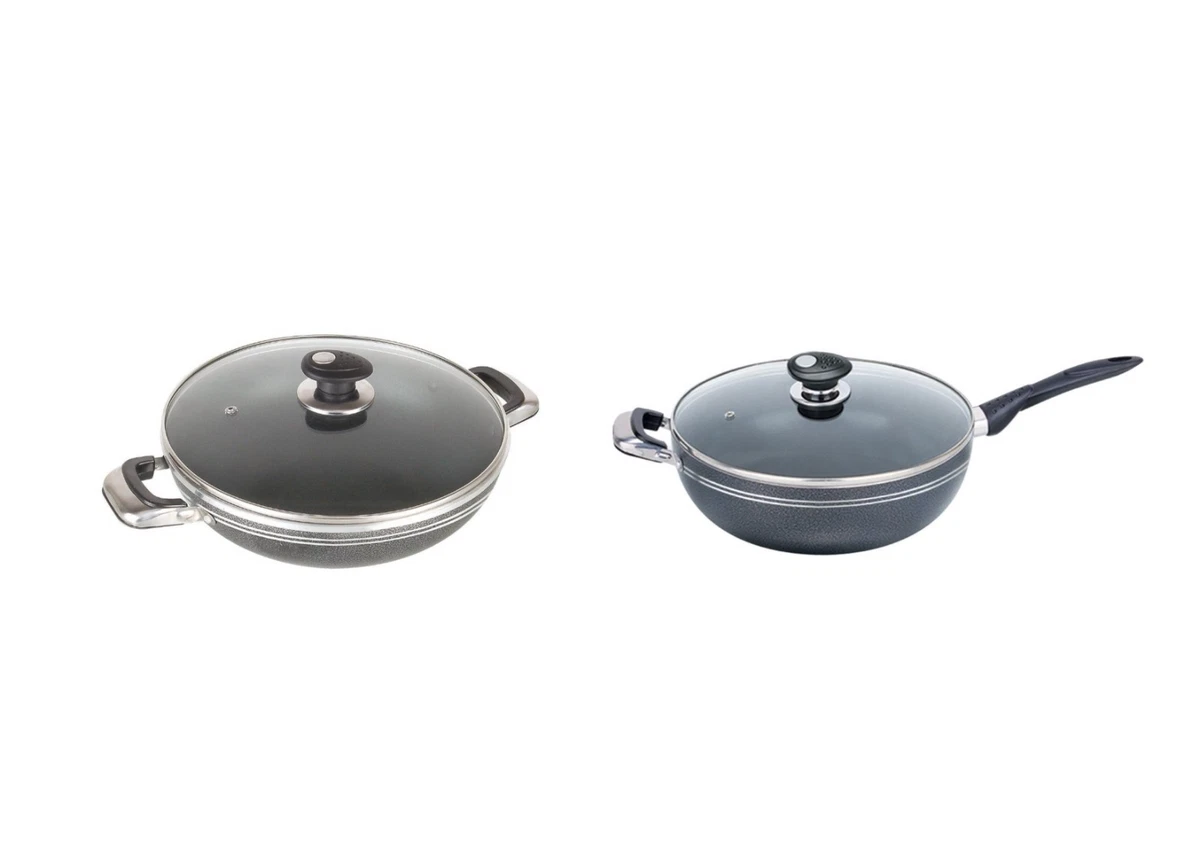 Una Non Stick Long Handle or 2 Handles Wok Fry pan with Glass Lid