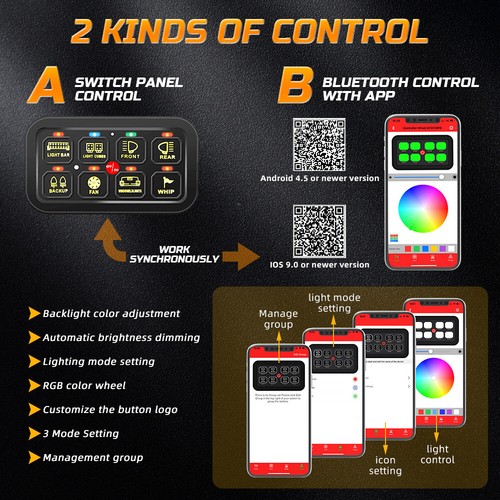8 Gang LED 12V-24V Schaltpanel Bluetooth App Control Zusatzschalter für PKW Auto - Bild 6 von 14