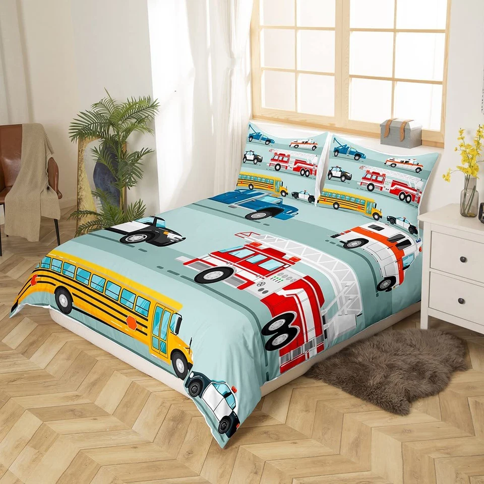 Voiture de dessin animé Housse de Couette Police Car Parure de Lit 140x200cm ... - Photo 2/4