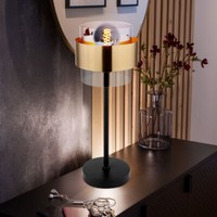 Nachttischleuchte Tischlampe Beistellleuchte Schwarz Messingring E27 Glas Klar