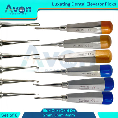 Curved+Straight Apical Luxating Dental Elevators, 2mm,3mm,4mm, Gold+Blue - 6PK