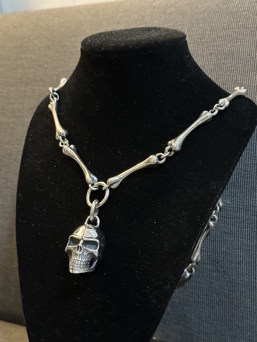 Solid Sterling Silver Mens Heavy Skull Bone Pendant Necklace 55cm 134g up - Picture 2 of 11