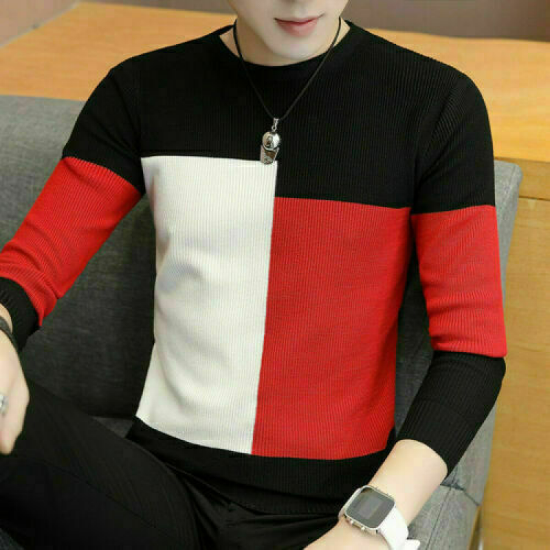 Men's Korean Color matching Round Neck Thin Sweater Slim Shirt