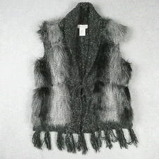 CRIPPLE CREEK Vest Faux Fur Womens Med Gray Knit Tassles Fringe Ranchwear Mohair