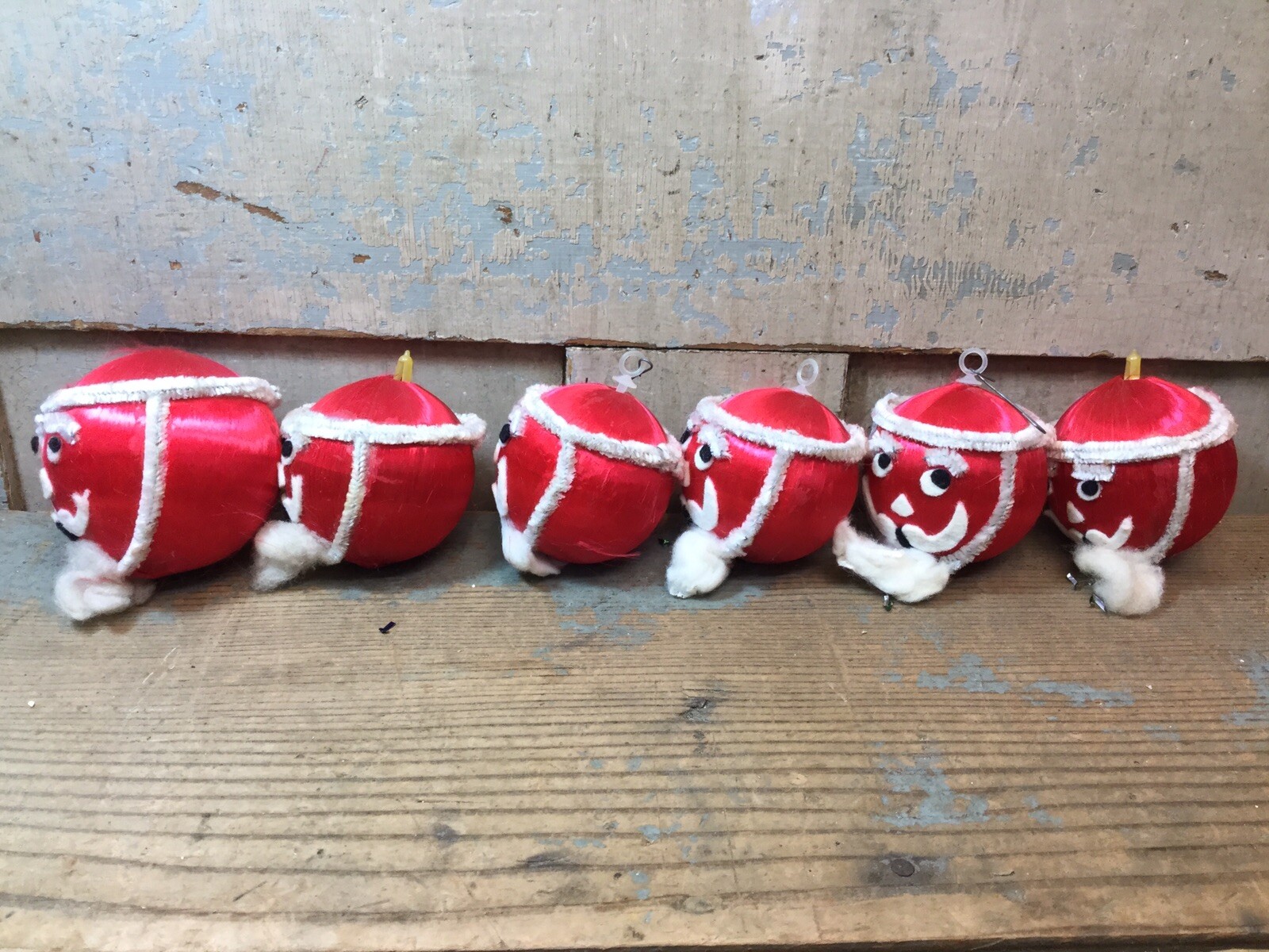 Set Of 6 Vintage Red Satin Christmas Ball Ornaments Handmade Santa Face