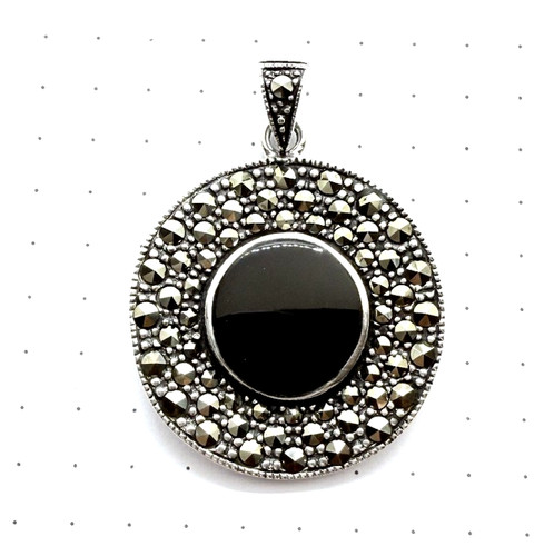 Wavy Round Black ONYX Stone PENDANT with Marcasite Stones .925 STERLING SILVER