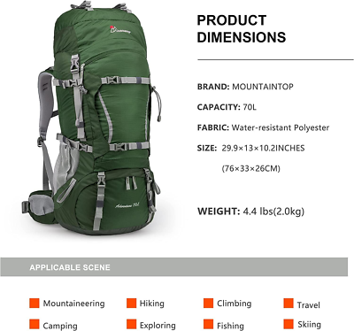 MOUNTAINTOP 70L Internal Frame Hiking Backpack for Men Women 70l-dark Green  | eBay
