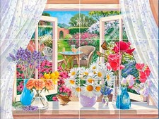 Open Window View Of Garden Flowers Summer Breeze Ceramic Tile Mural Backsplash