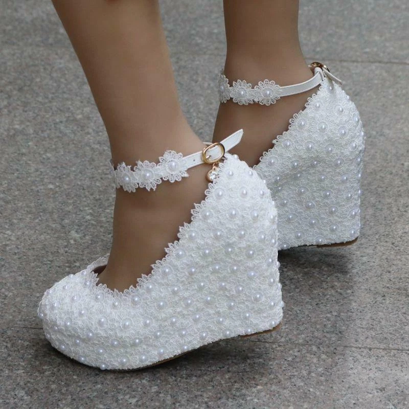 Mujer Encaje Cuña Tacón Alto Boda Tobillo Correa Punta Redonda Zapatos de Novia Foto 4 de 4
