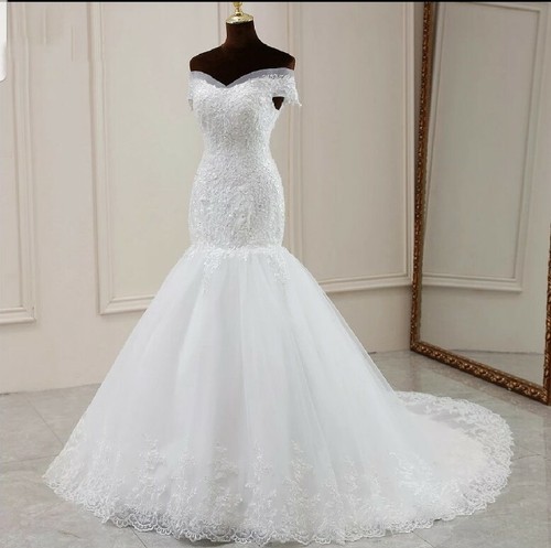 UK White/Ivory Mermaid Lace Off Shoulder Corset Back Wedding Dress Size 6-18 - Picture 3 of 5