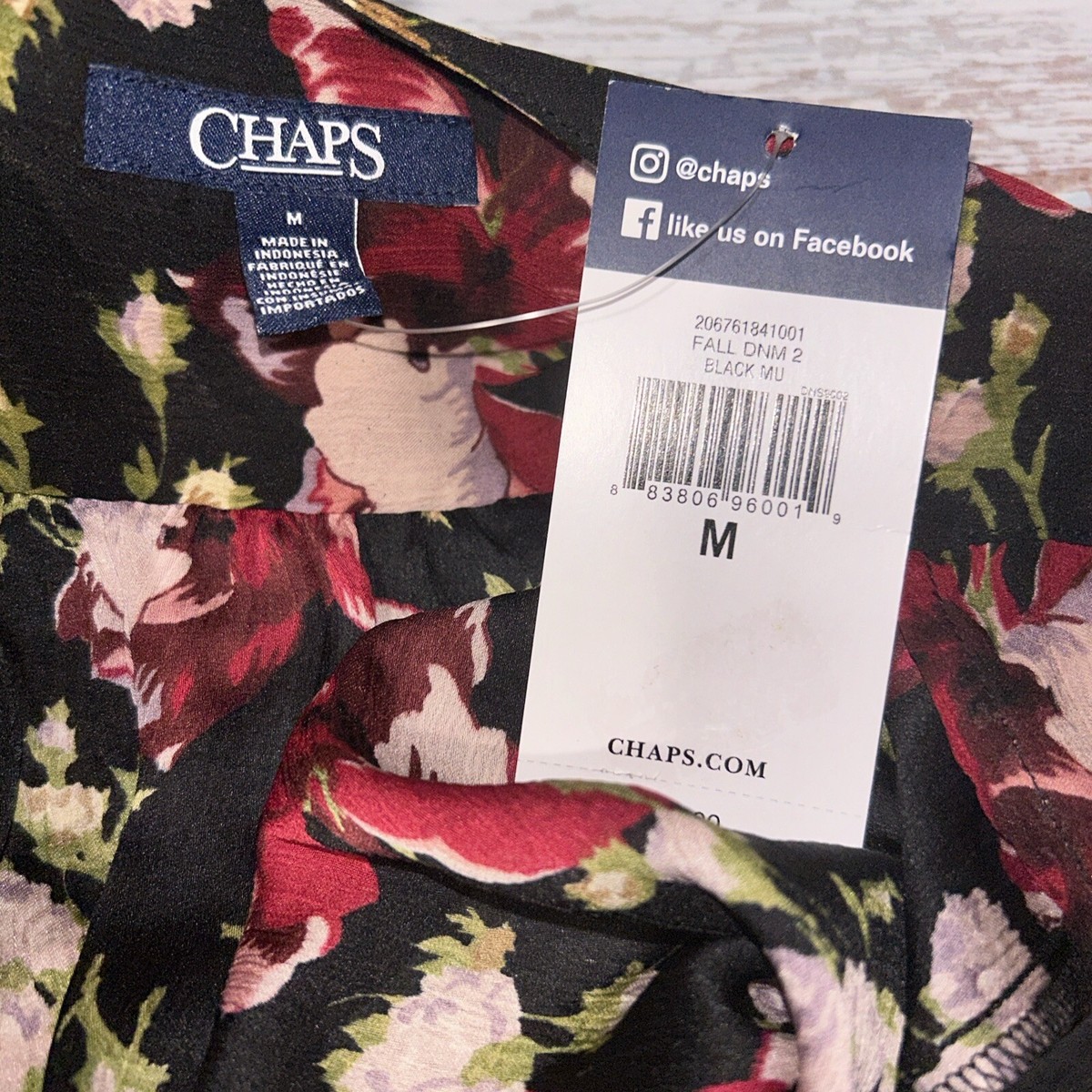 NWT Chaps Dark Floral Black and Red Wrap Top Blouse, Size Medium