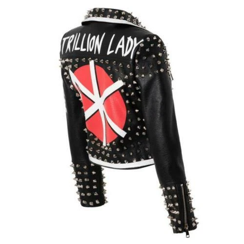 Womens Rivets Pu Leather Lapel Spike Zip Punk Rock Biker Motorcycle Jacket - Image 3 of 4