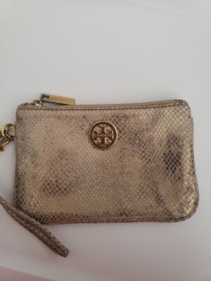 Tory Burch Gold Snake Print Leather Metallic Wristlet Wallet Bag - Main Image
