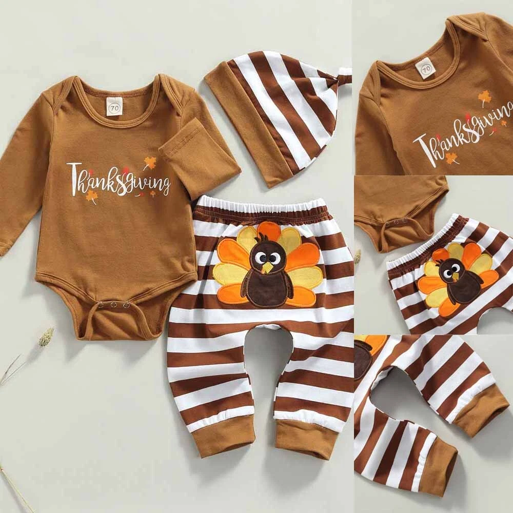 Baby Boys Girls Thanksgiving Outfit Long Sleeve Romper+Turkey Pants+Hat Clothes