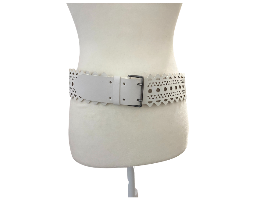 Alaia White Leather Lasercut Belt SZ 85 | eBay