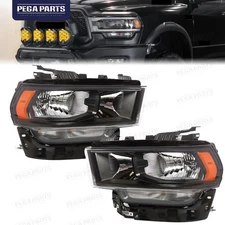 For 2019-2024 Ram 2500 3500 Black Halogen Model Headlights Headlamps Left+Right