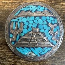 Broche prendedor con incrustaciones de turquesa de plata esterlina de colección - cactus, montañas pirámide maya