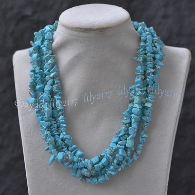 6 Rows Natural Blue Turquoise Irregular Gravel Chip Gems Beads Necklace 18 inch