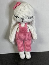 10" Amigurumi Bunny with Pink Overalls Handmade