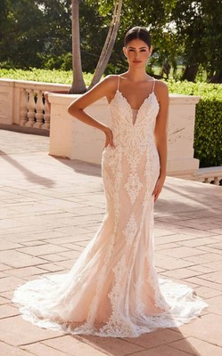 Nox Anabel White Nude Spaghetti Strapped Embroidered Gown Size 12