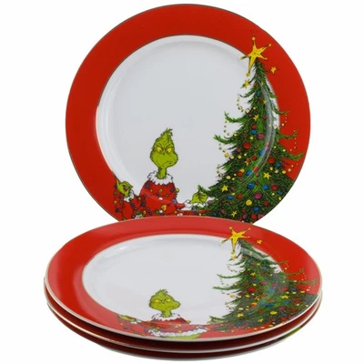 ZRIKE Dr Seuss Grinch Dinner Plates Set of 4 Christmas Holiday Red Gold Rim