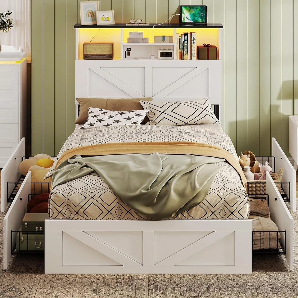 Armação de cama de fazenda com 4 gavetas de armazenamento madeira led cama de solteiro com espaço escondido - Imagem 2 de 4