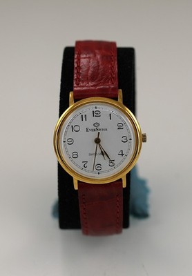 Everswiss Watch Men Gold Stainless Steel WR Red Leather Battery White Quartz