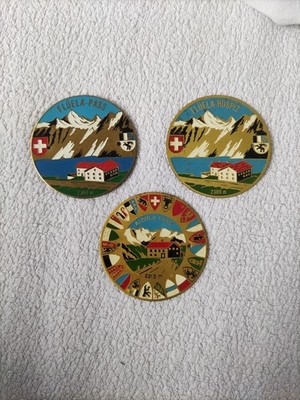 3 x Flüela und Albula VINTAGE MOTOR CAR AUTOMOBIL ABZEICHEN BADGE EMBLEM 1960er?