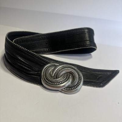 Fahrenheit NY Connie Bates Black Leather Belt Womens Medium 36  Pewter Buckle