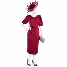 Nativ Burgundy Midi Dress UK 12 New Puff Sleeve Tie Waist Office Occasion