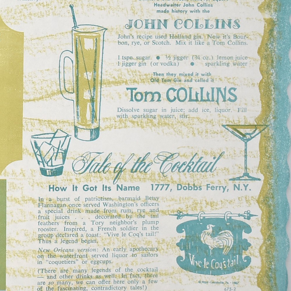 Searlett O'Hara Manhattan 1975 antiguo John Tom Collins Vive le Coq's Tail