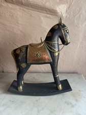 Vintage Hand Carved Wooden Rocking Horse with Brass and Copper Accents