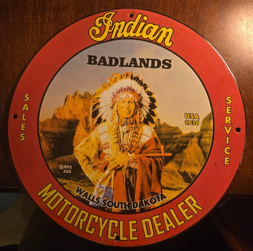 Vintage Indian Motorcycle Sign - Authorized Dealer Porcelain 11.75 inch round