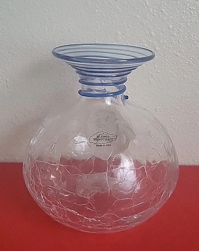 RARE Vtg Blenko Clear Crackle Glass Vase w/ Cobalt Blue Serpentine Neck -1980s.