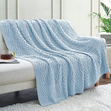 Light Blue Cable Knit Throw Blanket, Soft  Warm Oversized Knitted Blanket fo...