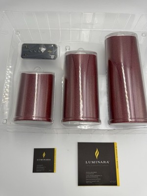 3 Luminara Flameless Pillar Candle RUBY RED Glitter 8.5  6.5  4.5  W Remote RARE