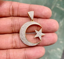 1.55Ct Real Moissanite Crescent Moon Star Pendant Round Cut 14K Yellow Gold Over