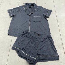 H M Pajama Set Womens Small Blue Jersey Button Top Shorts Piped Sleepwear