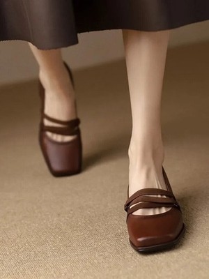 Women Shoes French Square Toe Chunky Mid-heel Pumps Party Shoes Dress