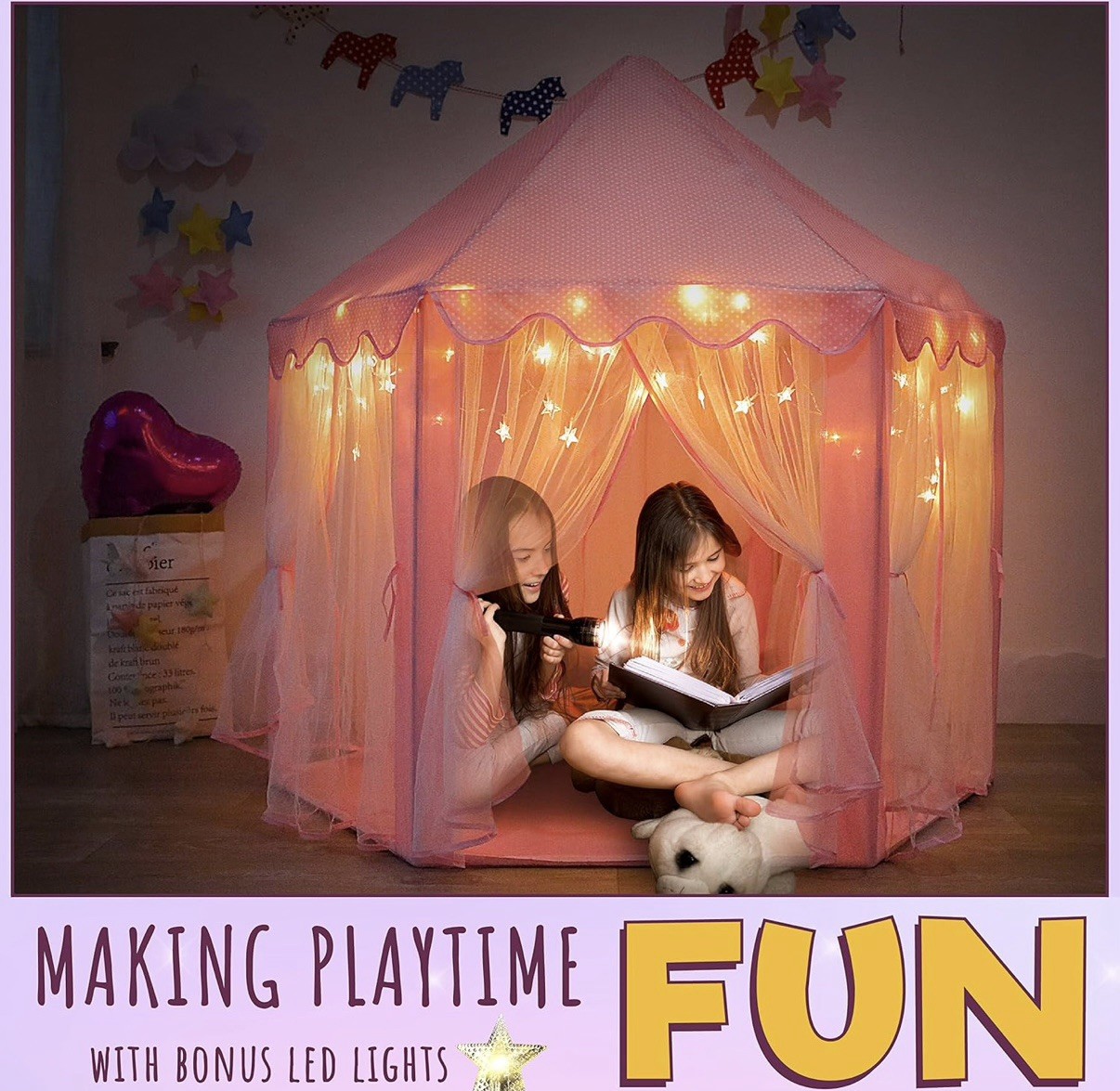 Large Pink Princess Castle Play Tent with 30 LED Star Lights
