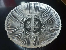 Vintage Hazel Atlas 573 Clear Glass 2-Part Relish Dish Round Diamonds Star Fans
